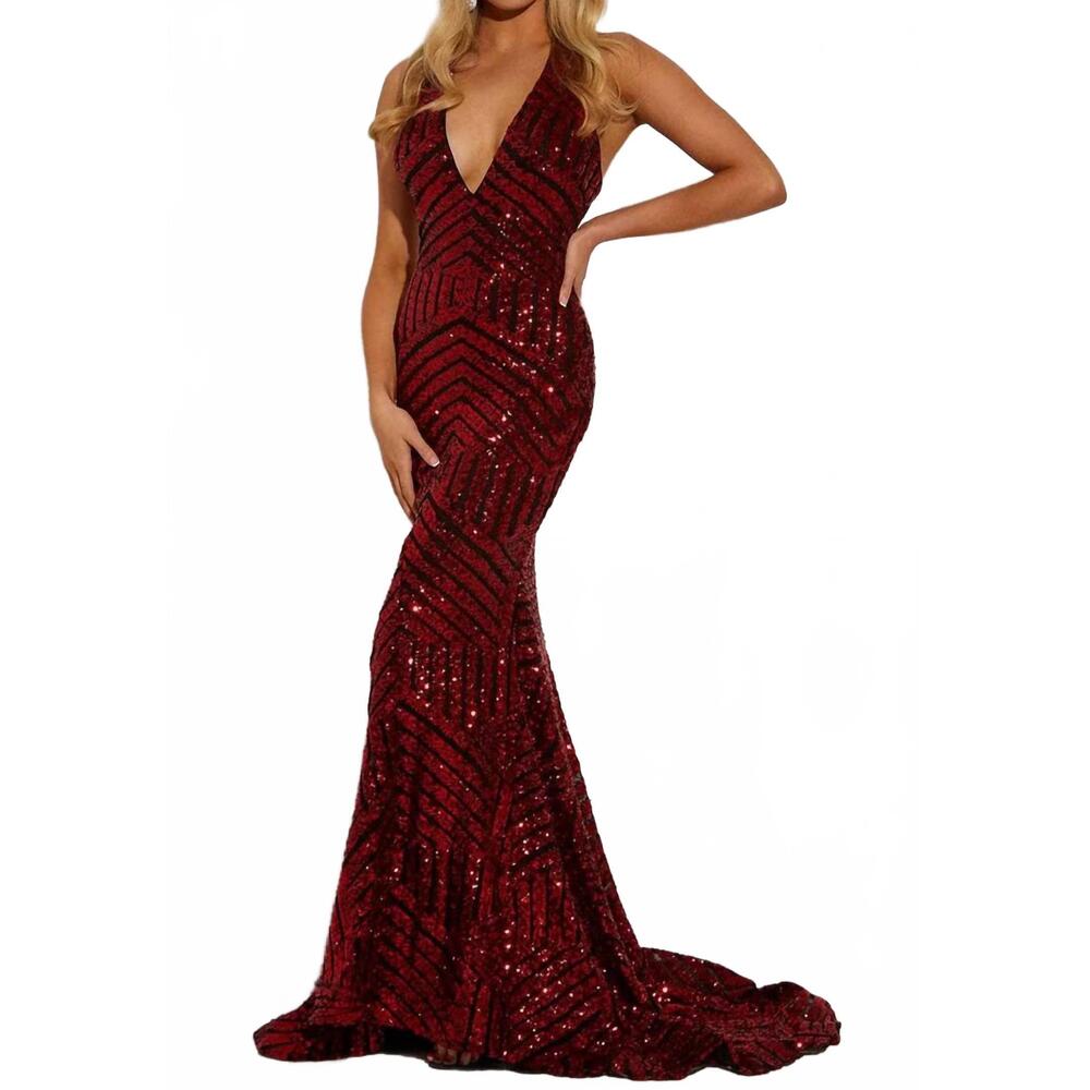 NEW JASZ COUTURE sequin v-neck evening dress in black/red